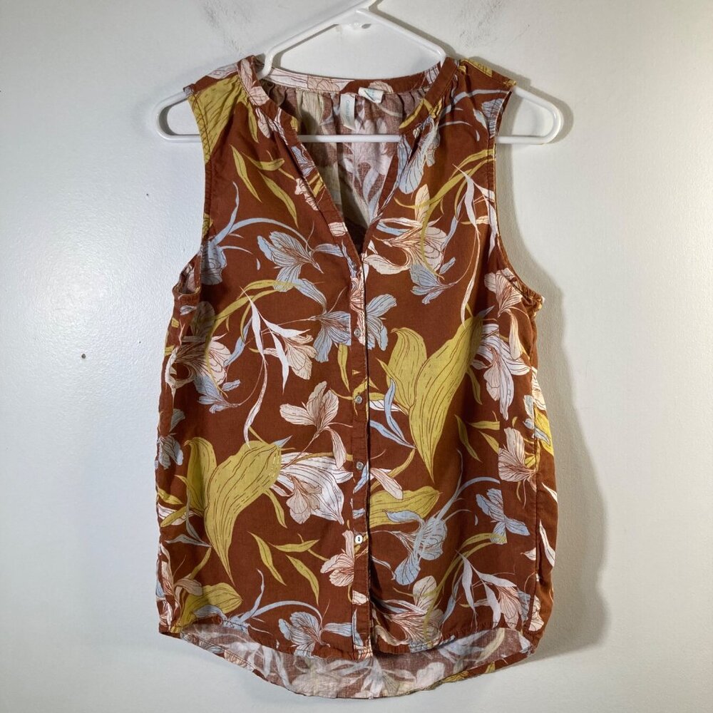 Womens Cynthia Rowley Floral V Neck Linen Blend Button Shirt Sleeveless M Rust B